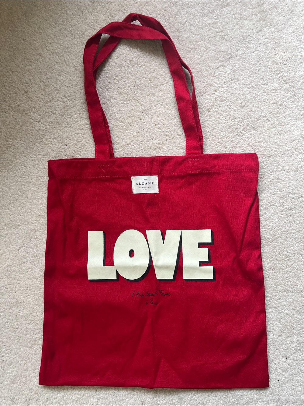 Sézane 🇫🇷 LOVE Bright Red Canvas Market Tote Bag NEW